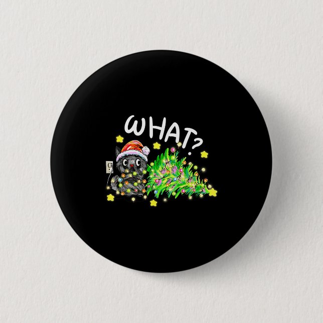 Funny Black Cat Gift Pushing Christmas Tree Over C Button (Front)