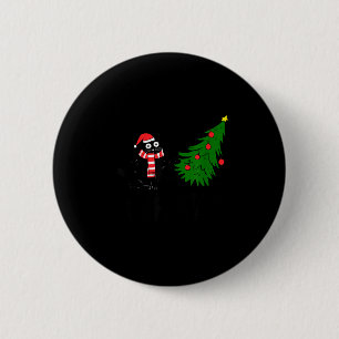 Funny Black Cat Gift Pushing Christmas Tree Over C Button