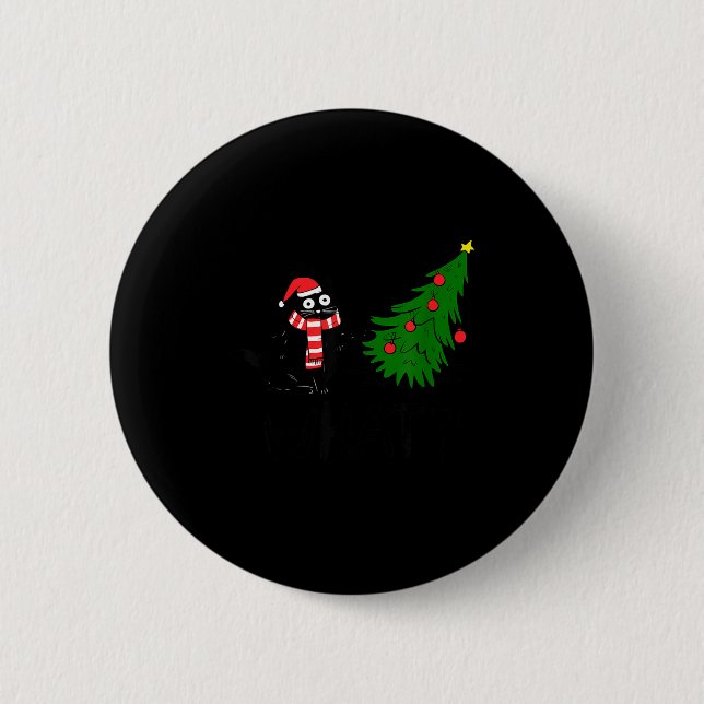 Funny Black Cat Gift Pushing Christmas Tree Over C Button (Front)