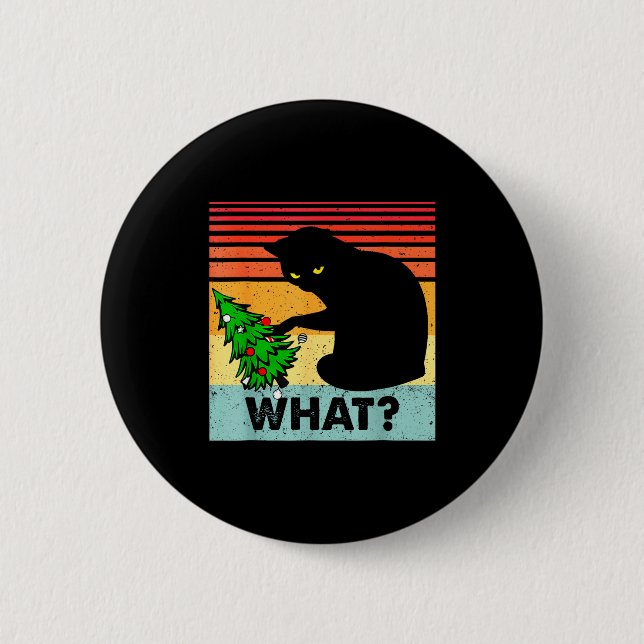 Funny Black Cat Gift Pushing Christmas Tree Over C Button (Front)