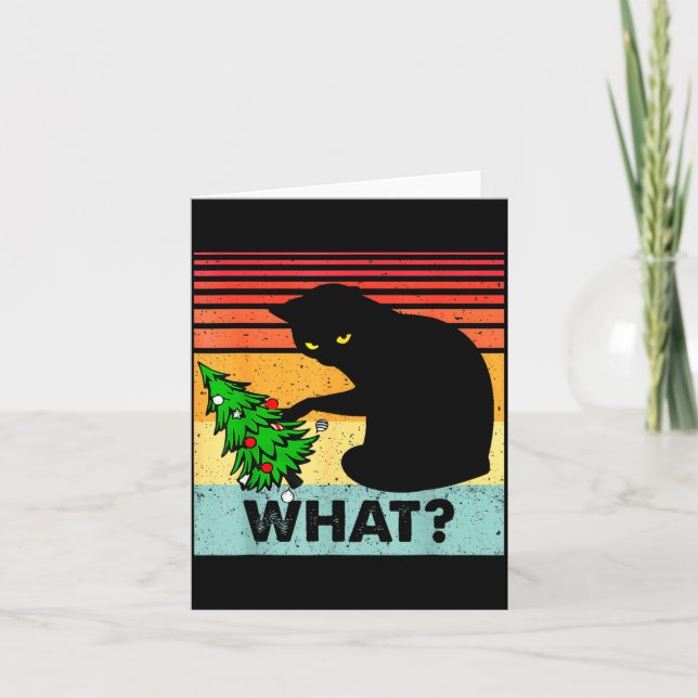 Funny Black Cat Gift Pushing Christmas Tree Over C Card (Front)