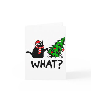 Funny Black Cat Gift Pushing Christmas Tree Over C Card