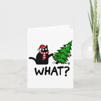Funny Black Cat Gift Pushing Christmas Tree Over C Card