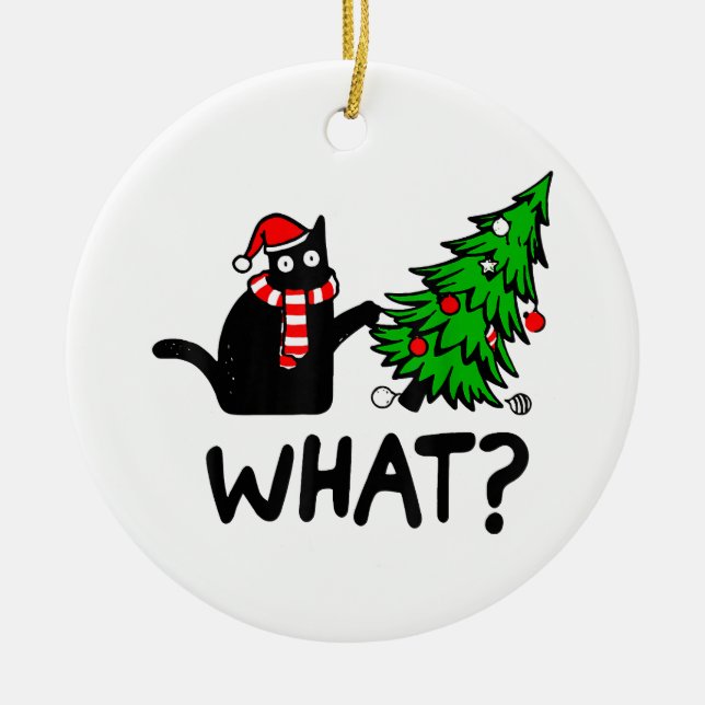 Funny Black Cat Gift Pushing Christmas Tree Over C Ceramic Ornament (Front)