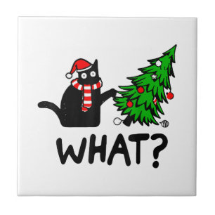 Funny Black Cat Gift Pushing Christmas Tree Over C Ceramic Tile