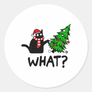 Funny Black Cat Gift Pushing Christmas Tree Over C Classic Round Sticker