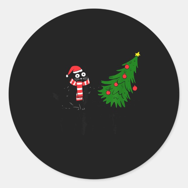 Funny Black Cat Gift Pushing Christmas Tree Over C Classic Round Sticker (Front)