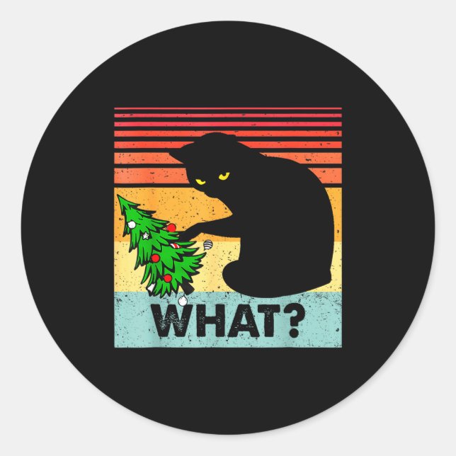 Funny Black Cat Gift Pushing Christmas Tree Over C Classic Round Sticker (Front)