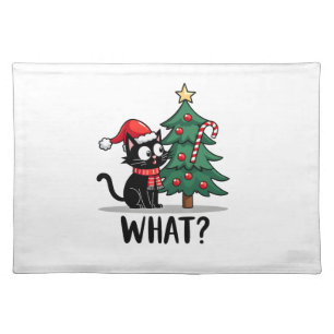 Funny Black Cat Gift Pushing Christmas Tree Over C Cloth Placemat