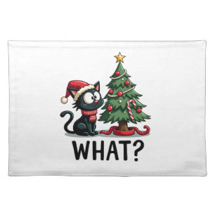 Funny Black Cat Gift Pushing Christmas Tree Over C Cloth Placemat