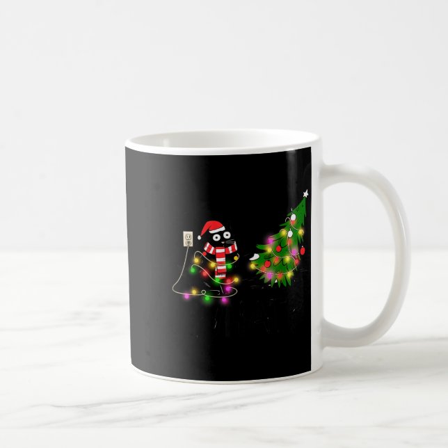 Funny Black Cat Gift Pushing Christmas Tree Over C Coffee Mug (Right)