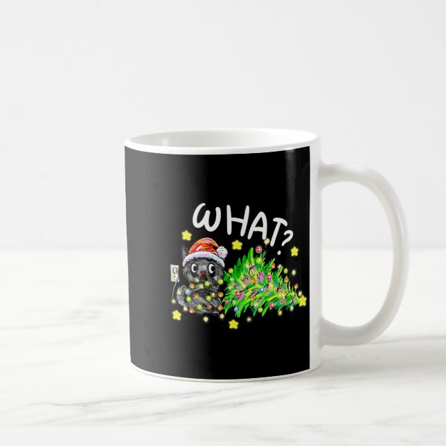 Funny Black Cat Gift Pushing Christmas Tree Over C Coffee Mug (Right)
