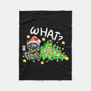 Funny Black Cat Gift Pushing Christmas Tree Over C Fleece Blanket