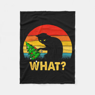 Funny Black Cat Gift Pushing Christmas Tree Over C Fleece Blanket
