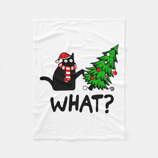 Funny Black Cat Gift Pushing Christmas Tree Over C Fleece Blanket (Front)