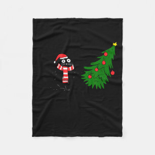 Funny Black Cat Gift Pushing Christmas Tree Over C Fleece Blanket