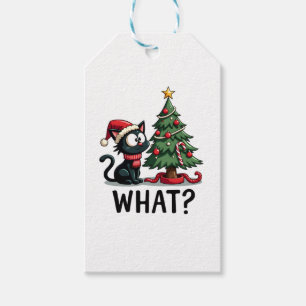 Funny Black Cat Gift Pushing Christmas Tree Over C Gift Tags