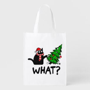 Funny Black Cat Gift Pushing Christmas Tree Over C Grocery Bag