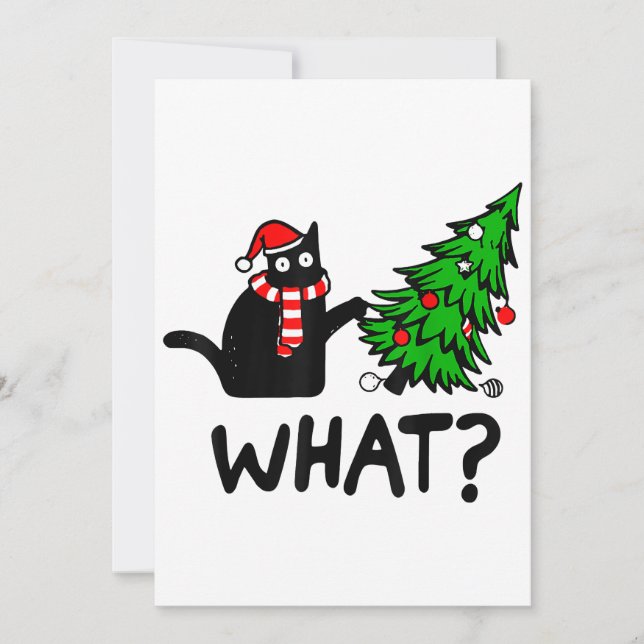 Funny Black Cat Gift Pushing Christmas Tree Over C Invitation (Front)