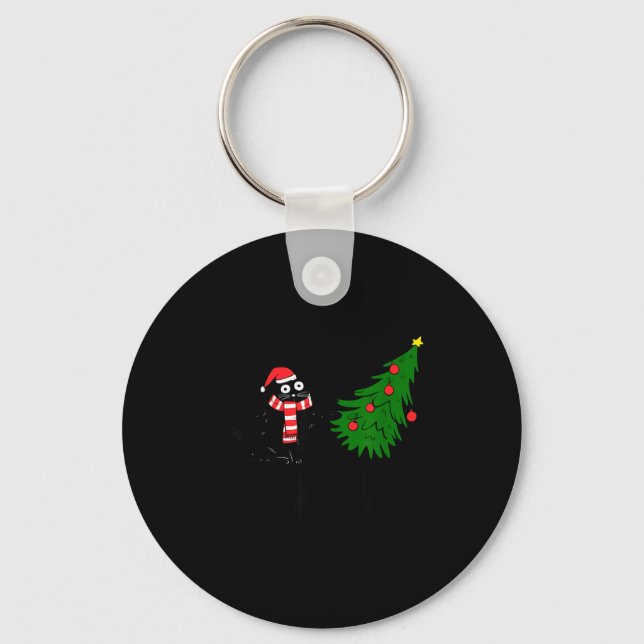 Funny Black Cat Gift Pushing Christmas Tree Over C Keychain (Front)