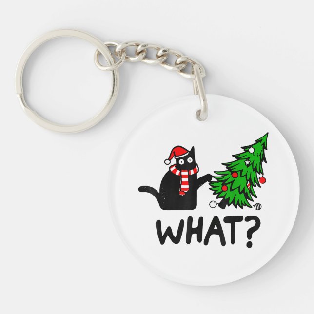 Funny Black Cat Gift Pushing Christmas Tree Over C Keychain (Front)