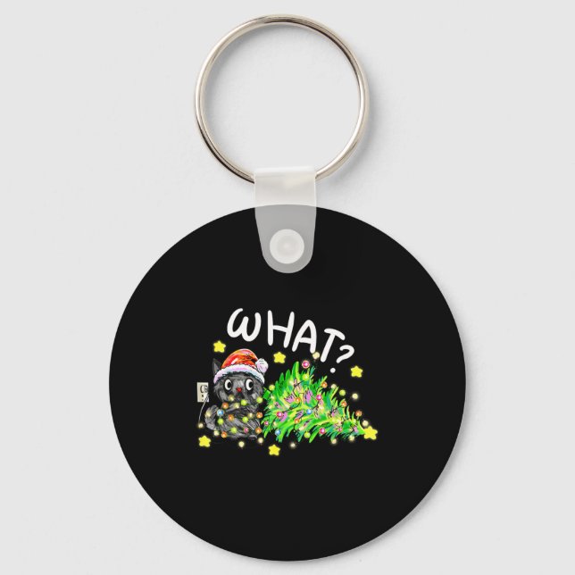 Funny Black Cat Gift Pushing Christmas Tree Over C Keychain (Front)