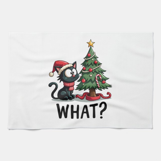 Funny Black Cat Gift Pushing Christmas Tree Over C Kitchen Towel (Horizontal)