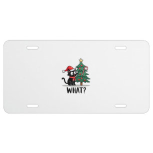 Funny Black Cat Gift Pushing Christmas Tree Over C License Plate