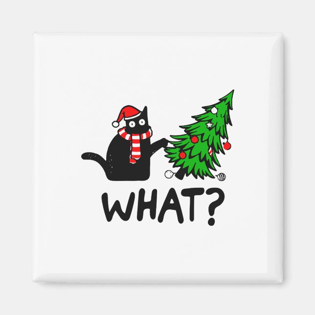 Funny Black Cat Gift Pushing Christmas Tree Over C Magnet (Front)