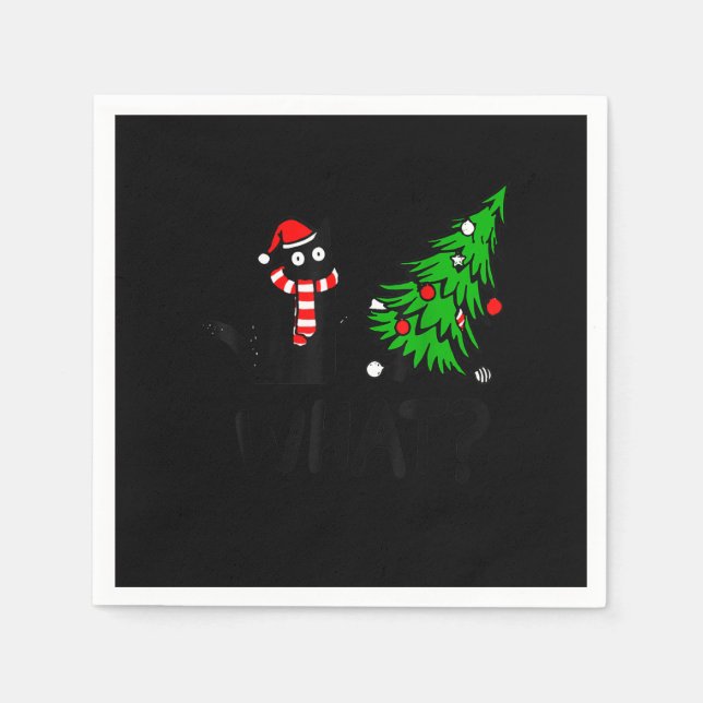 Funny Black Cat Gift Pushing Christmas Tree Over C Napkins (Front)