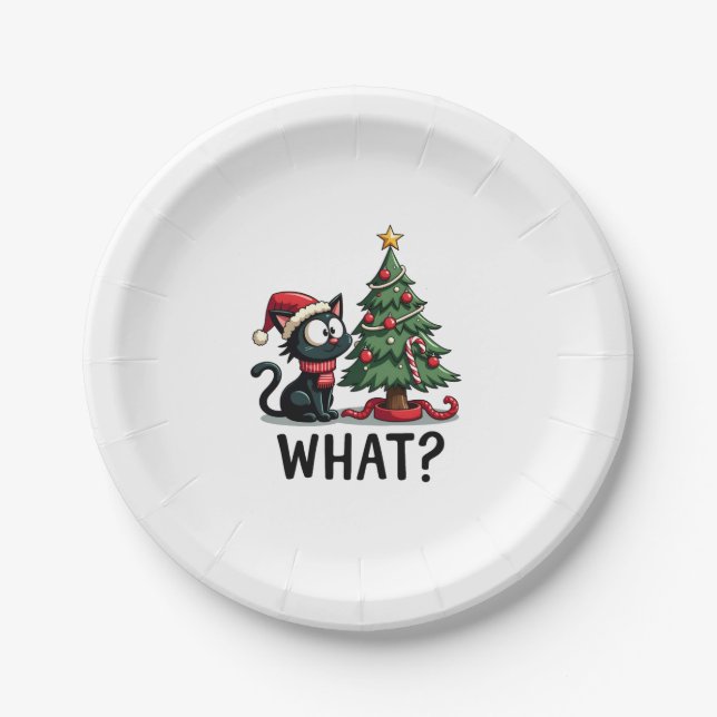 Funny Black Cat Gift Pushing Christmas Tree Over C Paper Plates (Front)