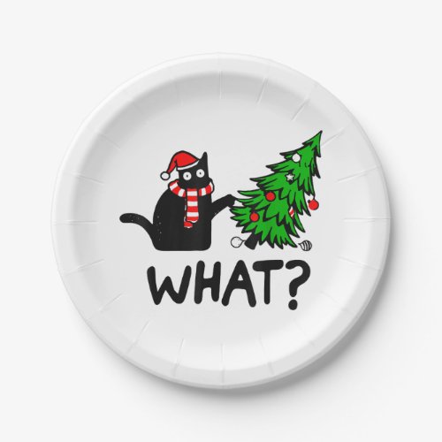 Funny Black Cat Gift Pushing Christmas Tree Over C Paper Plates