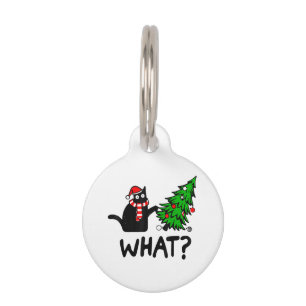 Funny Black Cat Gift Pushing Christmas Tree Over C Pet ID Tag