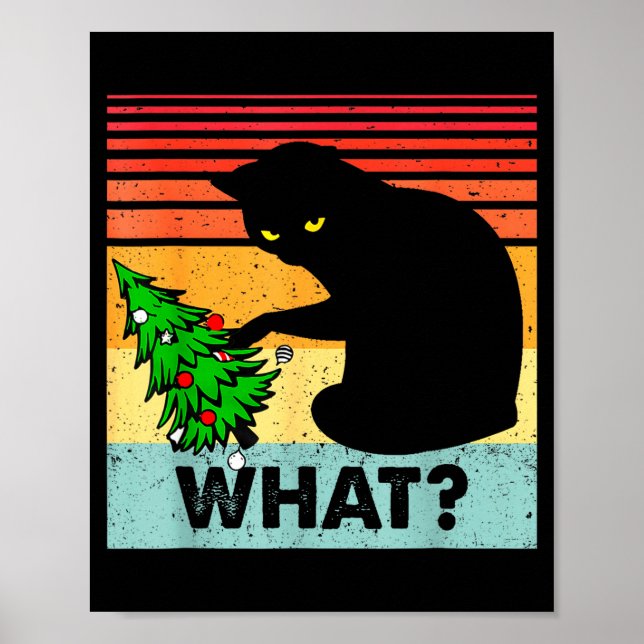 Funny Black Cat Gift Pushing Christmas Tree Over C Poster (Front)