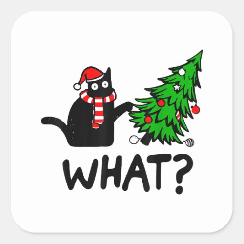 Funny Black Cat Gift Pushing Christmas Tree Over C Square Sticker