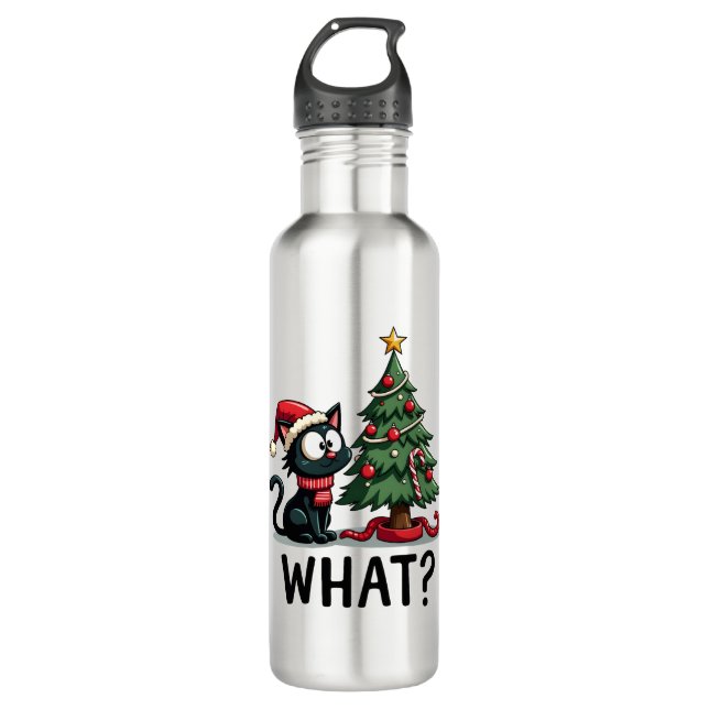 Funny Black Cat Gift Pushing Christmas Tree Over C Stainless Steel Water Bottle (Front)