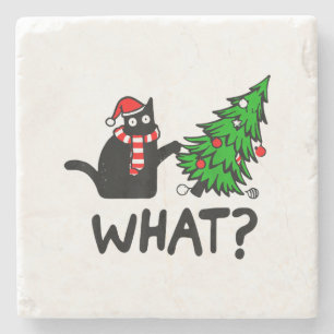 Funny Black Cat Gift Pushing Christmas Tree Over C Stone Coaster