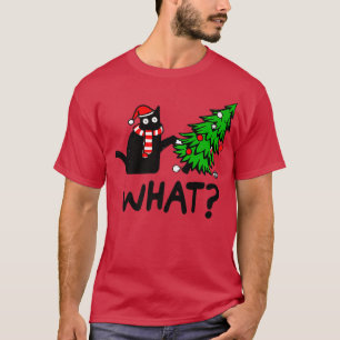 Funny Black Cat Gift Pushing Christmas Tree Over C T-Shirt