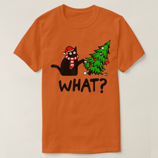 Funny Black Cat Gift Pushing Christmas Tree Over C T-Shirt (Design Front)