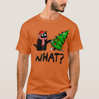 Funny Black Cat Gift Pushing Christmas Tree Over C T-Shirt