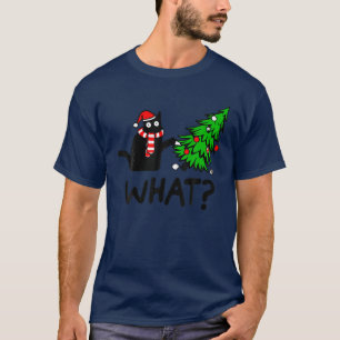 Funny Black Cat Gift Pushing Christmas Tree Over C T-Shirt