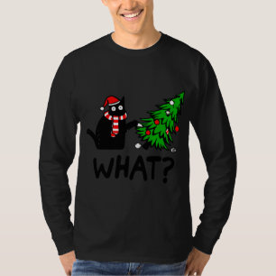Funny Black Cat Gift Pushing Christmas Tree Over C T-Shirt