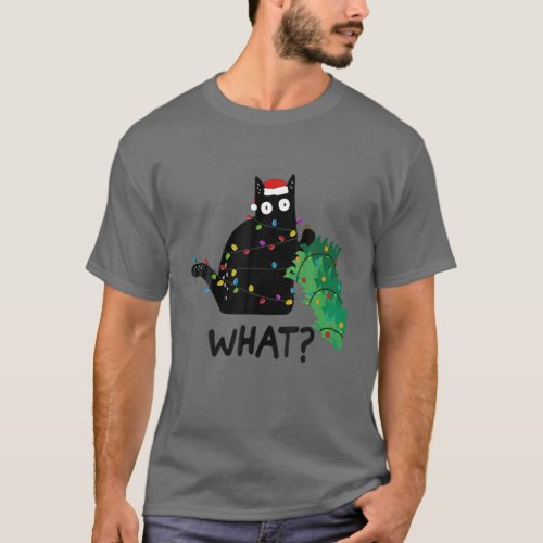 Funny Black Cat Gift Pushing Christmas Tree Over C T_Shirt