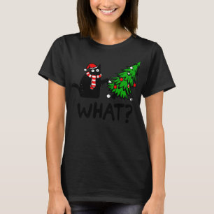 Funny Black Cat Gift Pushing Christmas Tree Over C T-Shirt