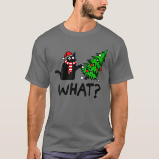 Funny Black Cat Gift Pushing Christmas Tree Over C T-Shirt