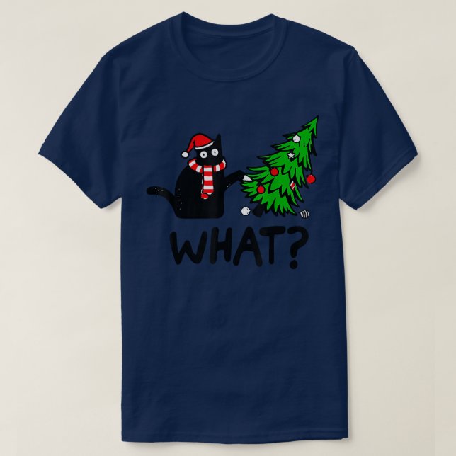 Funny Black Cat Gift Pushing Christmas Tree Over C T-Shirt (Design Front)