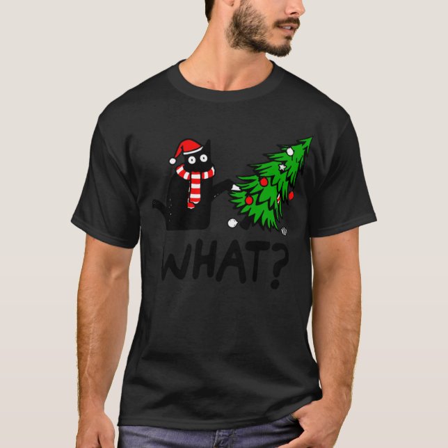 Funny Black Cat Gift Pushing Christmas Tree Over C T-Shirt (Front)