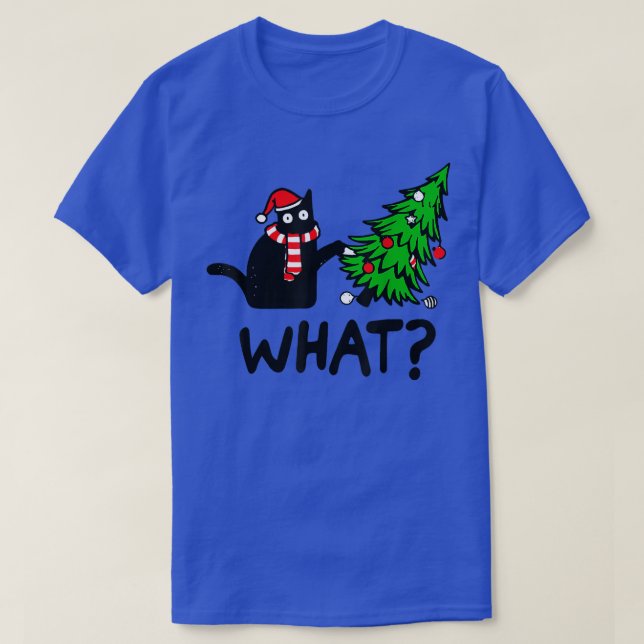 Funny Black Cat Gift Pushing Christmas Tree Over C T-Shirt (Design Front)