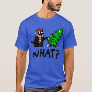 Funny Black Cat Gift Pushing Christmas Tree Over C T-Shirt