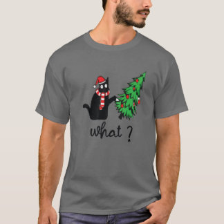 Funny Black Cat Gift Pushing Christmas Tree Over C T-Shirt